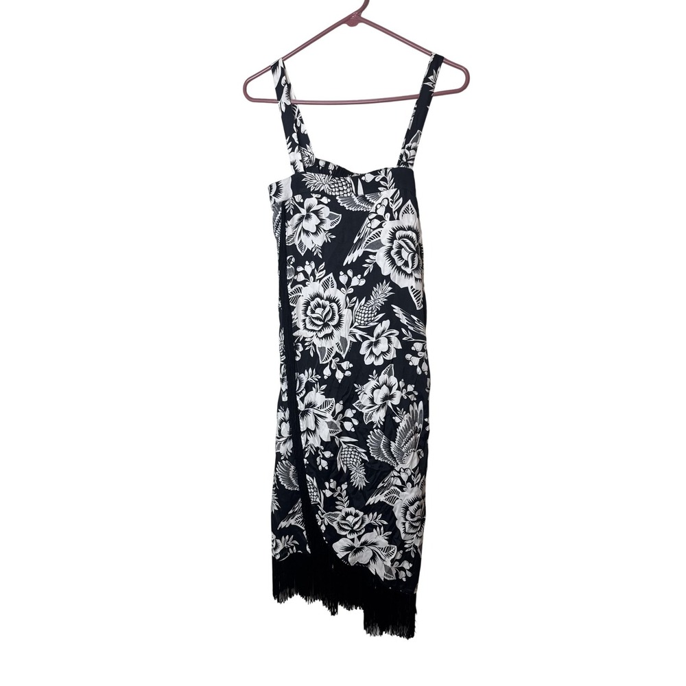Farm Rio Dress Womens XS Black Floral Fringe Midi Sundress Anthropologie